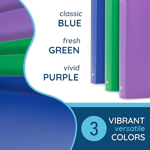 Blue Summit Supplies 6 Pack 3-Ring Plastic Binder, 1-Inch Flexible Binder, Soft Cover with Pocket, Assorted Colors with Blue, Green, and Purple Bendable Binders