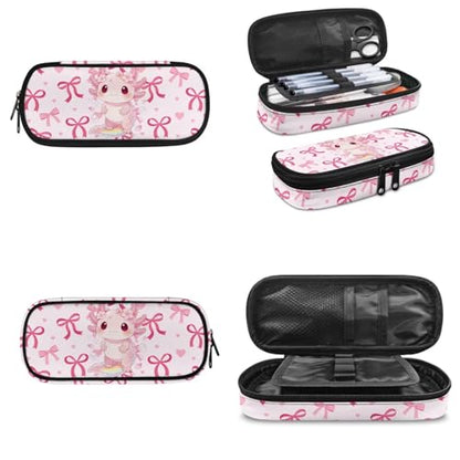 Kids Backpack Set,Axolotl Print Multiple Compartment Kids Bookbag Set with Insulated Lunch Bag & Pencil Case for Elementary Girls - color: Pink Bows-axolotl Print