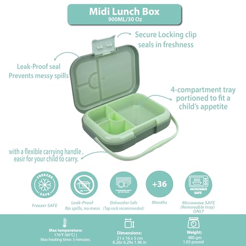 Bento Midi Lunch Box with carrying handle – 4 No-Mix Compartments | Microwave & Dishwasher Safe,Removable Tray | 900ML OZ (Green Olive) - color: Green Olive