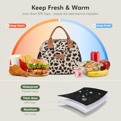 HOMESPON Insulated Lunch Bag for Women Men, Cooler Tote Box, Beige Leopard | Front Pocket, Side Mesh Pockets, Reusable, for Work, Picnic, Food Container - color: Leopard Print