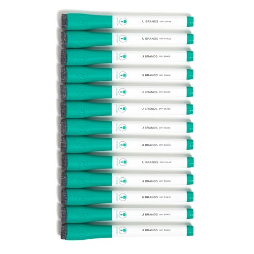 U Brands 파인 팁 드라이 지우개 마커, 지우개 포함, 화이트보드 마커, 적은 냄새, 그린, 12개 세트 - color: 초록색.