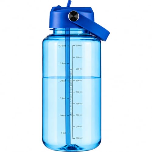 OLDLEY 32oz Water Bottle with Straw,Leakproof Tritan Clear Bottle with Marked Bottle and Carry Handle, BPA-Free Wide Mouth Reusable Sports Water Bottle for Gym,Hiking, Camping, Travel, Workout,Blue - color: Blue