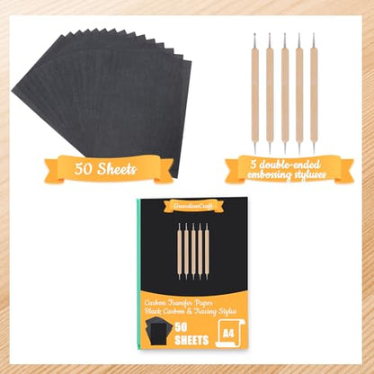 50 Sheets Carbon Paper for Tracing, A4 (8.3 x 11.7 Inch) Black Graphite Transfer Paper, No-Smudge Carbon Paper with 5 Embossing Stylus, Tracing Paper for Wood, Fabric, Canvas, DIY Craft