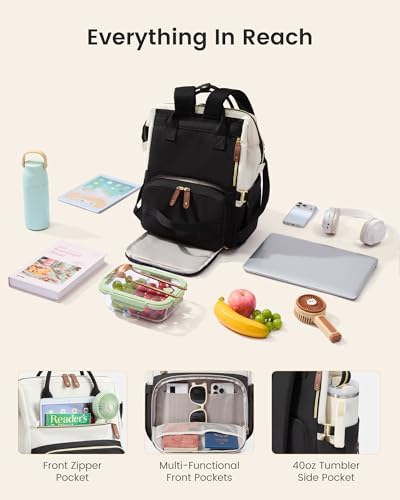 LOVEVOOK Lunch Backpack for Women, 15.6 Inch Laptop Backpack with Insulated Lunch Compartment,Built-in Cooler Work Bag,Wide Open Computer Backpack with Tumbler Holder,Water-Resistant Nurse Teacher Bag - color: Gray-carbon-brown