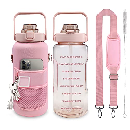 Half Gallon Water Bottle with Sleeve, 64OZ Motivational Water Bottle | Water Jug with Straw, Time Marker, BPA Free, Leakproof, Gym Water Bottle for Sport Workout - color: Pink