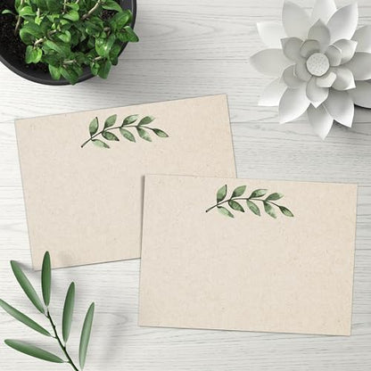 321Done Blank Greenery Note Cards, 5x7 Kraft - Made in USA, Thick, Heavy Cardstock, Pretty, Cute Simple Green Leaves Design, No Envelopes - Set of 50 - color: Greenery, Tan, size: 5x7, Horizontal