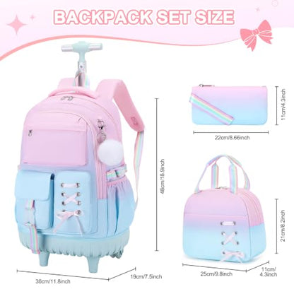 Scothen Rolling Backpack for Girls, Girls Backpack Set with Lunch Box & Pencil Pouch for Teen Girl Kids Children Elementary Middle School, Bookbag Daypack Laptop Travel Backpack with Wheels - color: Pink Blue