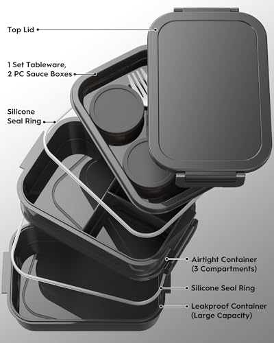 Adults Bento Box with Insulated Lunch Bag, 74oz Capacity 3 Stackable Leak-Proof Bento Box Built-In Utensil and Sauce, PFAS & BPA-Free, Microwave & Dishwasher Safe (Astral Black) - color: Astral Black