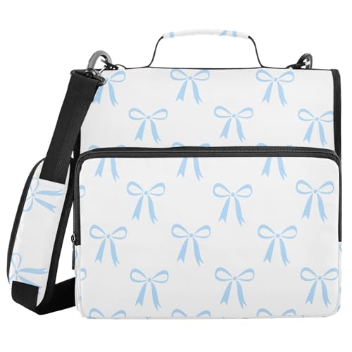 Zipper Binder Bag 3 Ring File Folder Portfolio Organizer Zippered Binder Bags with Strap Fits Laptop Women Men - color: Multi-blue Bow White