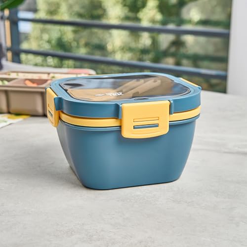 Restaurantware-Bento Tek 57.5 Ounce Bento Box, 1 Reusable Lunch Container - With Fork And Knife, Does Not Contain BPA, Blue And Yellow Plastic Reusable Lunch Box, Microwavable, Dishwashable - size: 1 Count, style: 58 oz - Blue