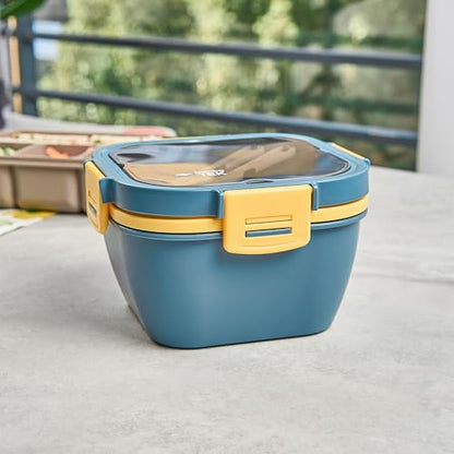 Restaurantware-Bento Tek 57.5 Ounce Bento Box, 1 Reusable Lunch Container - With Fork And Knife, Does Not Contain BPA, Blue And Yellow Plastic Reusable Lunch Box, Microwavable, Dishwashable - size: 1 Count, style: 58 oz - Blue