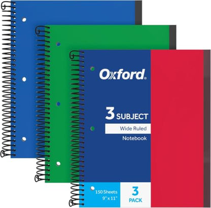 Oxford Spiral Notebook 24 Pack, 3 Subject, Wide Rule, Durable Plastic Covers, Strong Coil, 3 Durable Pockets, 8.5 x 11, 150 Sheets, Red, Green, Blue (89804) - size: 3 Count (Pack of 8)
