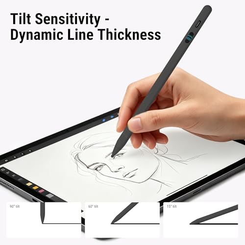 2-in-1 Stylus Pen for Touch Screen with LED Power Display, Universal Stylus Active Pencil for iPad 2018-2026, iPhone, Samsung, Android Tablet, Switch- Tilt Sensitivity Drawing, Fast Charge Digital Pen - color: Black