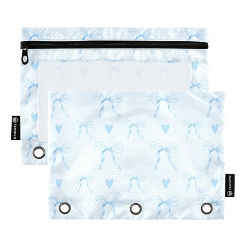 Pencil Pouch for 3 Ring Binder Blue Coquette Bow Heart 2 Pack Clear Window Pencil Bags with Zipper Pencil Case - color: Multicolored 15