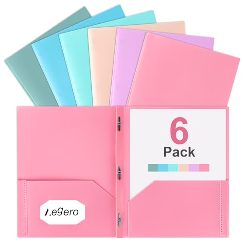 Aegero Folders with Pockets and Prong with Fasteners (6 Pack,Light Elegant Color),Durable Plastic Pocket Folders with Prongs,Tear Resistant,2 Pocket 3 Prong Folders for Schoolwork & Office,Letter Size - color: Light Elegant Color, size: 1 Set（6pack）