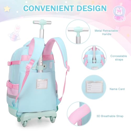 FIXITOK Rolling Backpack for Girls, Kawaii Bunny Roller Wheels School Backpacks with Lunch Bag Pencil case, Wheeled Suitcase Bookbag for Elementary Travel Aquamarine - color: Aquamarine