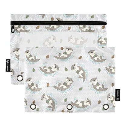 2 Pack Pencil Pouch for 3 Ring Binder Cute Otter Pencil Case Pouch with Clear Window Zipper Binder Pencil Pouches Pen Bag for Office School Supplies - color: Cute Otter