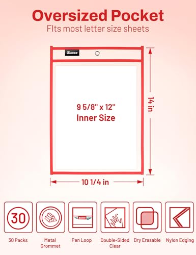 SUNEE 30 Packs Oversized Reusable Dry Erase Pocket Sleeves with 2 Rings, Red 10x14 Ticket Holders, Clear Plastic Sheet Protectors, Teacher School Classroom Supplies - color: Red, style: 30 Pack