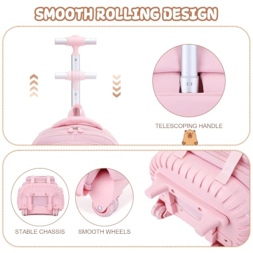 Capybara Rolling Backpack for Girls - 3PCS Girls Backpack Kids Suitcase with Lunch Box & Pencil Case Travel - Capybara Backpack with Wheels for Kindergarten Preschool Elementary (Pink) - color: Pink