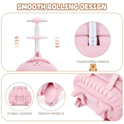 Capybara Rolling Backpack for Girls - 3PCS Girls Backpack Kids Suitcase with Lunch Box & Pencil Case Travel - Capybara Backpack with Wheels for Kindergarten Preschool Elementary (Pink) - color: Pink