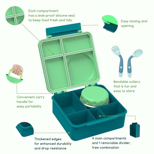 Bento Box for Kids - Leak-Proof Bento Lunch Box with Insulated Thermo Food Jar - 4 Compartments, 1 Removable Divider, 1 Spoon, 1 Fork - Dishwasher Safe, BPA-Free (Green) - color: Green