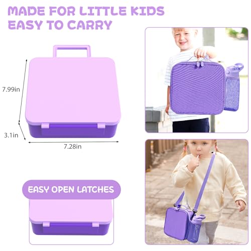 Kids Bento Lunch Box with 8oz Soup Thermo, Water Bottle, Kids Leakproof Lunch Food Containers with 4 Compartment, Insulated Hot Food Jar with Lunch Bag for School, Trvael (Purple) - color: Purple