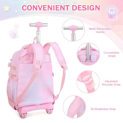 FIXITOK Rolling Backpack for Girls, Kawaii Bunny Roller Wheels School Backpacks with Lunch Bag Pencil case, Wheeled Suitcase Bookbag for Elementary Travel Dreamy-Pink - color: Dreamy-pink