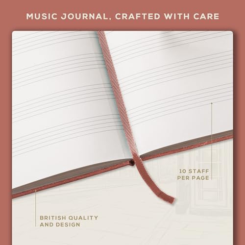 Beechmore Books Blank Sheet Music Notebook – A4 8.5"x11.5" for Songwriters, Musicians & Composers, 156 Thick 120gsm Pages, 10-Staff Perforated Sheets, Vegan Leather Hardcover, Elastic Closure, Gift Box - color: Rose Wood