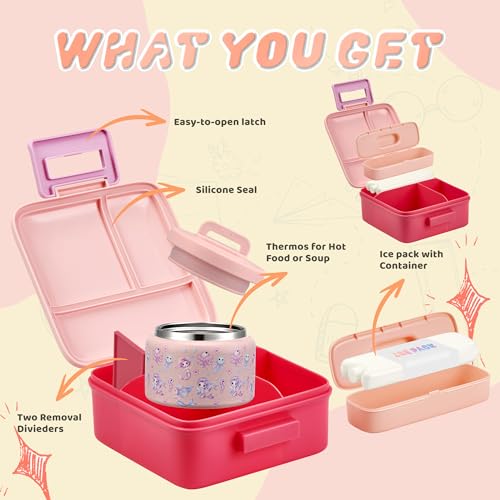Bento Lunch Box for Kids with 8oz Soup Thermo Leak-Proof Lunch Food Containers with Snack Sauce Container for Kid Girls Boys to School (Pink Mermaid) - color: Cartoon Pink Mermaid