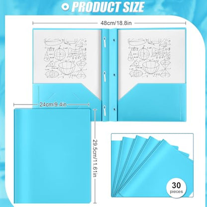 Yeaqee 30 Pcs Plastic Folders with Pockets and Prongs Plastic Folder 2 Pockets 3 Prongs with Card Slot for Office, School for Students, Teachers, Office Workers (Light Blue) - color: Light Blue