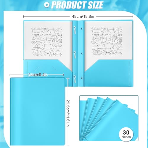 Yeaqee 30 Pcs Plastic Folders with Pockets and Prongs Plastic Folder 2 Pockets 3 Prongs with Card Slot for Office, School for Students, Teachers, Office Workers (Light Blue) - color: Light Blue