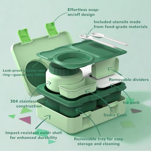 Bento Box for Kids, Leakproof Kids Bento Lunch Box Container with 8oz Insulated Thermo Food Jar, Sauce Jar, Utensil, DIY Stickers for School Boys Girls, 3-4 Compartments, BPA-Free - color: Light Green