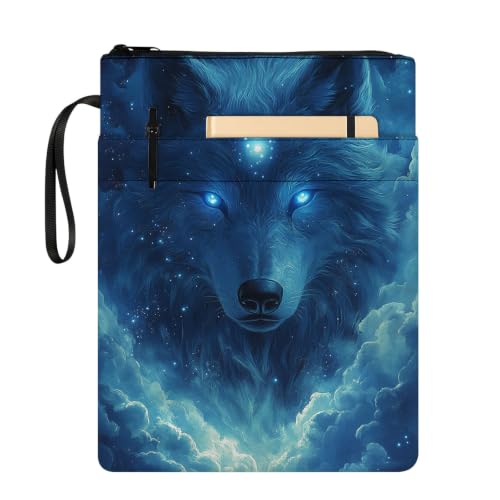 Padded Book Sleeve with Zipper & Front Pocket, Fabric Book Cover | Mystic Blue Wolf Glowing11.4"x8.7" Washable Canvas Pouch for Hardcovers, Tablets & Reading Accessories - color: Mystic Blue Wolf Glowing