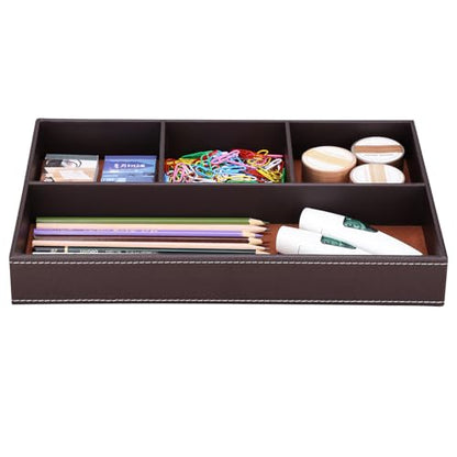KINGFOM Pu Leather Desk Organizer Tray, 4 Compartment Office Storage Supplies Stationery Drawer Tray, Nightstand Bedside Tray for Key, Wallet, Watch, Coin, Phone Valet Tray Stackable - color: Brown