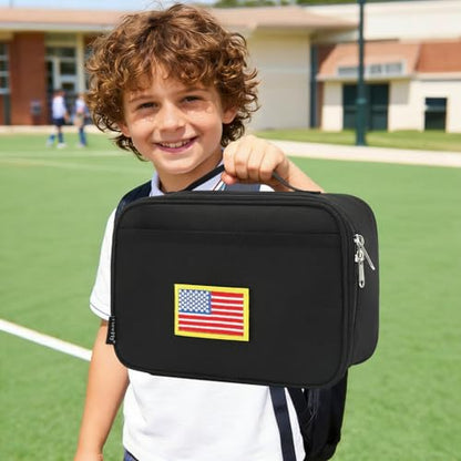FlowFly Kids Lunch box Insulated Soft Bag Mini Cooler Back to School Thermal Meal Tote Kit for Girls, Boys, Black Free USA Flag Patch Included - color: Black With Flag