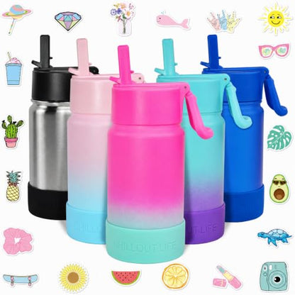 CHILLOUT LIFE 12oz Kids Insulated Stainless Steel Water Bottle with Leak Proof Straw Lid & 144 Stickers - color: Frozen Slushy, style: 12 oz