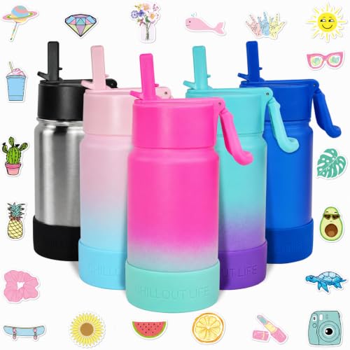 CHILLOUT LIFE 12oz Kids Insulated Stainless Steel Water Bottle with Leak Proof Straw Lid & 144 Stickers - color: Frozen Slushy, style: 12 oz