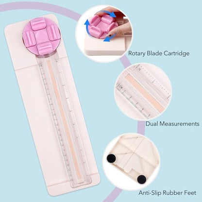 2Pack 4-in-1 Paper Trimmer, 4Style Multi-Function Craft Paper Cutter with Dial Blades of Straight, Wave, Dotted, Perforated, Creasing for Cutting Carstock,Coupons, Photos,Postcards, Scrapbooking Tools - color: Pink + Blue