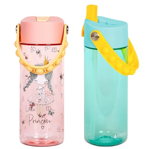 Elemental Leak Proof Water Bottles for Kids - Splash Kids Water Bottle for School with Pop-it Handle - Tritan Plastic Water Bottle with Straw - Little Princess & Robin's Egg - 18oz (2 Pack) - color: Duo - Little Princess / Robin's Egg (Lemon Sky)
