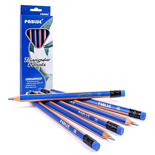 Triangular Jumbo Pencils, 2B Pre-Sharpened with Eraser, Blue, 6 Pcs | Fat, Thick, Strong Wood Triangular Design for Beginners for Writing, Drawing, School, Art, Sketching and Shading - color: Blue, style: 2B Lead
