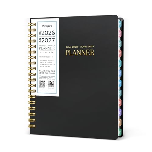 Vinspire 2026 Planner - Yearly, Monthly, and Weekly Planner 2026-2027 for Teachers & Students - Spiral US Academic Year Student Calendar Planners with Notes Pages 2026 Planner Weekly and Monthly - Small (Black, 6.3“×8.4”) - size: 6.3“×8.4”