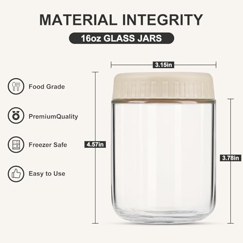 SHOWIN Overnight Oats Containers with Lids, 16oz Glass Jars with Lids 4 pcs, Apricot, Wide Mouth Mason jars for Salad, Yogurt, Snacks, Meal Prep - color: Camel, size: 16oz-4pc