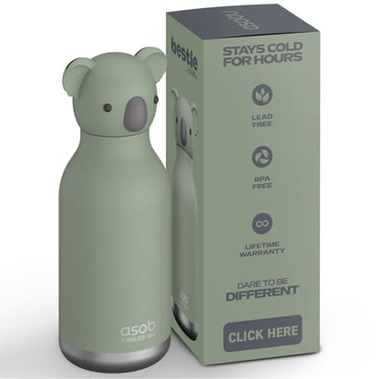 asobu Bestie Bottle Insulated Stainless Steel Water Bottle with Detachable Soft Animal Head Fun Drinking For Kids and Teens with Flexible Reusable Straw 16 Ounce (Koala) - color: FINN THE KOALA