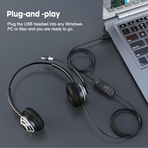 MKJ Wired USB Headset with Microphone Noise Cancelling - Computer Headphone for PC Laptop Desktop Mac - Call Center & Office Headset for Zoom, Ms Teams, Webinar Business, Online Meeting Teaching