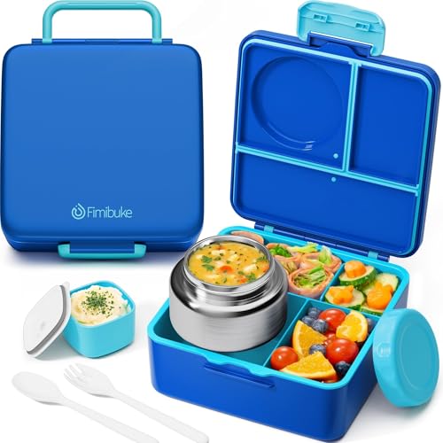 Fimibuke Bento Lunch Box for Kids Adult, 3-4 Compartment 60OZ Toddler Lunch Box Container with Leakproof 8OZ Insulated Food Jar, Sauce Jar, Utensil for School Boys Girls, BPA-Free Dishwasher Safe - color: B1.Ocean Blue