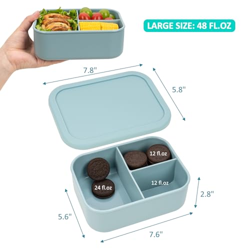 100% Silicone Bento Box Adult with 3 Compartments, 48oz, Reusable Divided Lunch Box Meal Prep Containers for Entree and Side Food Snack Storage, BPA-Free Plastic-Free, Microwave Dishwasher safe, Green - color: Green | 48oz | 3-Compartment