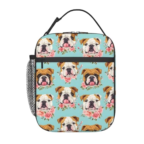 Cute Dog Lunch Box for Kids,Puppy Insulated Bag for Student,Pet Lovers Reusable Thermal Insulation Cooler Tote Bags for School Work Picnic Camping Outdoor Gifts (English Bulldog and Floral) - color: English Bulldog and Floral
