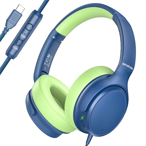 INFURTURE Kids Headphones USB C Over Ear with Active Noise-Canceling | HD Mic, Safe volume, Lightweight, Plug and Play, NO Charging Required Wired School Headphones for Teens for Travel/Classroom