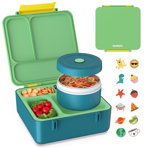 Bento Box for Kids, Lunch Box with Sticker and Leak-Proof Vacuum Food Jar, 4 Compartment BPA-Free Toddler Bento Box for School, Machine-Washable and Removable Compartments for Boy(Green) - color: Green