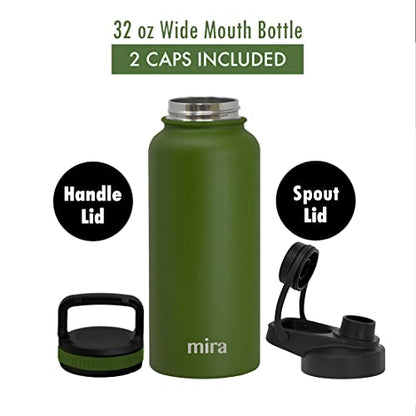 MIRA 32 oz Insulated Sports Bottle - Stainless Steel Temperature Control Thermo - Easy-Drink Spout (24Hr Cold/12Hr Hot) - Olive Green - color: Olive Green - 2 Lids